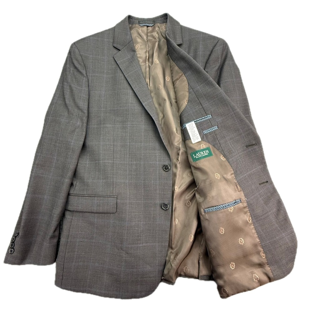 Lauren Ralph Lauren Blazer Mens 46L Grey Plaid Wool Blend Natural Stretch Jacket